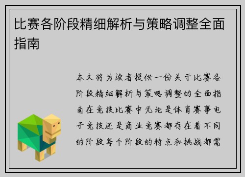 比赛各阶段精细解析与策略调整全面指南