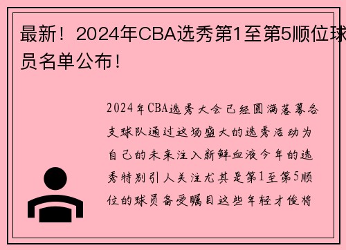 最新！2024年CBA选秀第1至第5顺位球员名单公布！