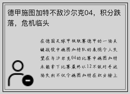 德甲施图加特不敌沙尔克04，积分跌落，危机临头